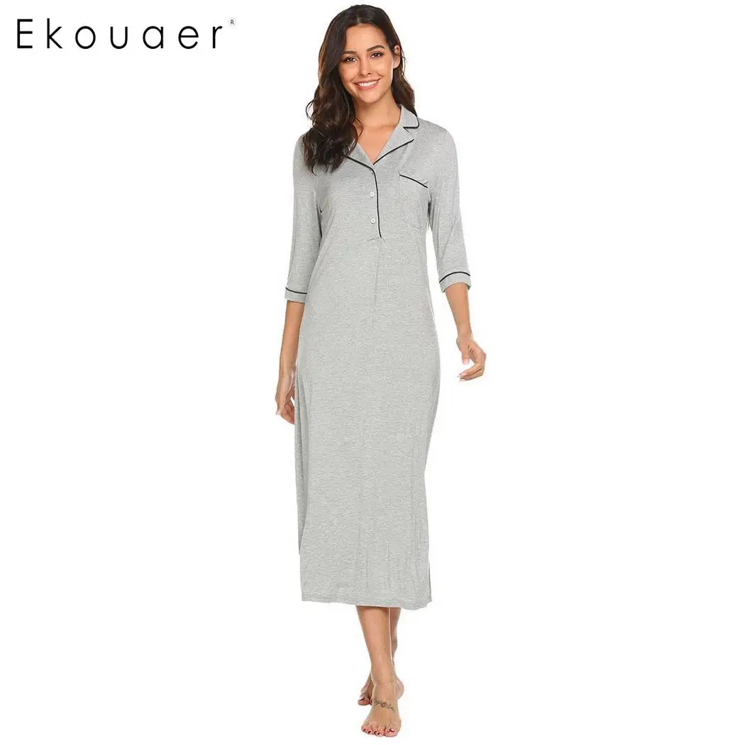 

Ekouaer Long Nightgown Casual Night Dress Women Solid Long Sleeve Nightdress Sleepwear Ladies Soft Nighty Nightdress Homewear