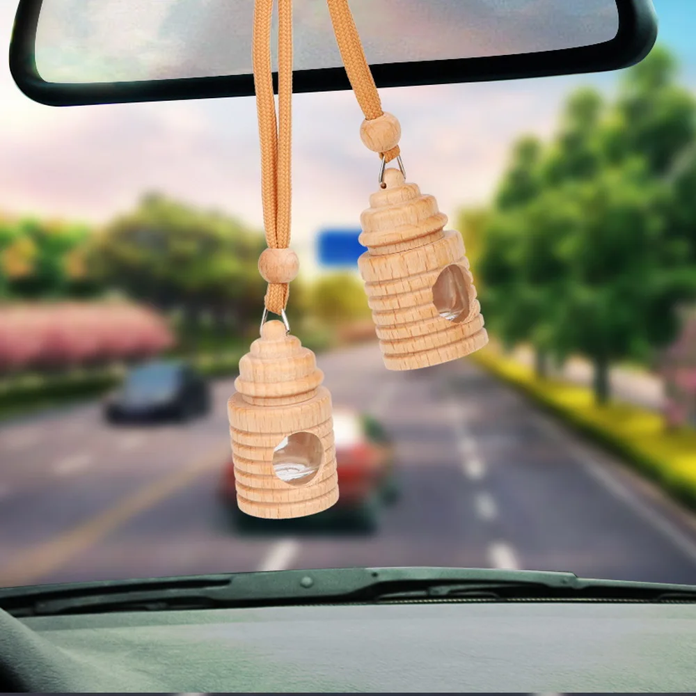 Car Air Freshener Wood Hanging Glass Empty Bottle for Essential Oils Perfume Pendant Car Perfume