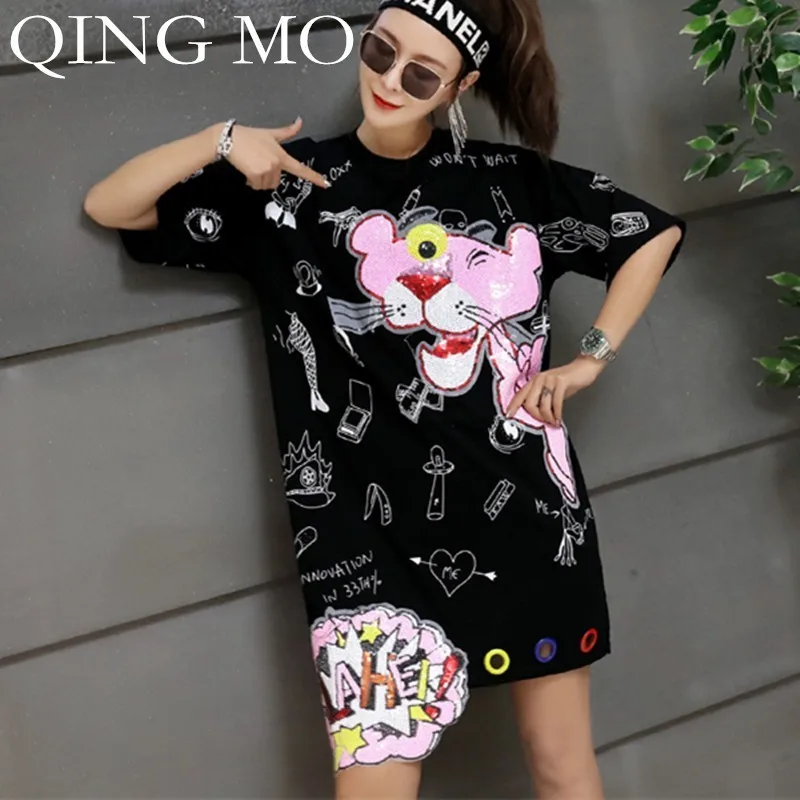 QING MO/розовое платье футболка женское 2019 летние черные пуловеры с короткими