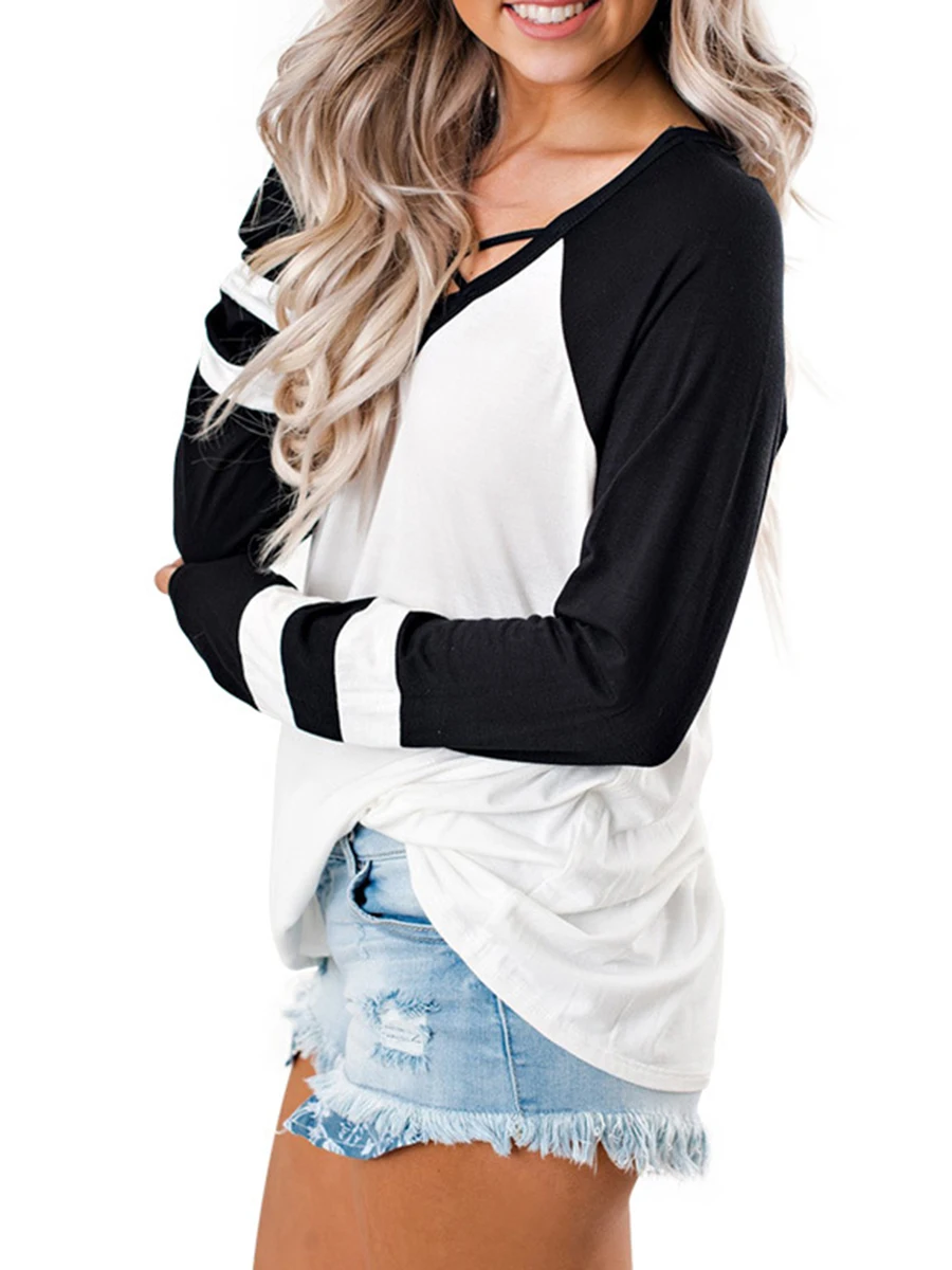 Punk rock gótico mujeres chica t camisa Casual con cuello en V suéter de Color de contraste de manga larga Camiseta ropa de primavera camisetas Punk rock gótico mujeres chica t camisa Casual con cuello en V suéter de Color de contraste de manga larga Camiseta ropa de primavera camisetas