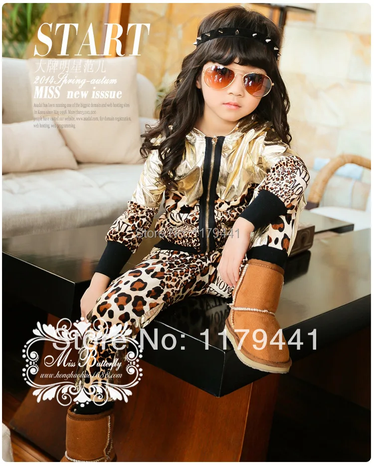 

New Rushed Girls Zipper Cloth Sets free Shipping Fashion Children Cool Light Leopard Skin Suit Kids Clothing Set grils/boy