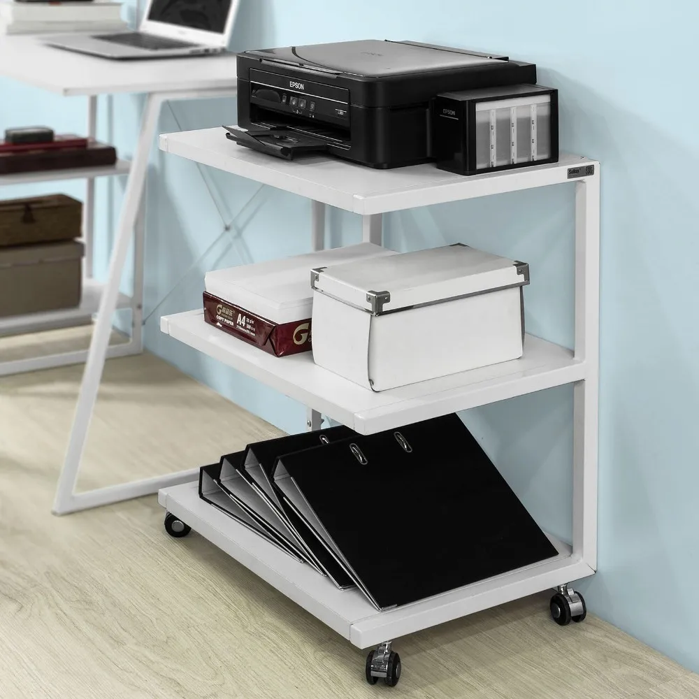 SoBuy FRG81-W Desk Side Printer Shelf, Wheeled Printer Stand with 3 Shelves, Side Table End Table