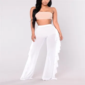 

Sexy Women High Waist Pants Ladies Beach Mesh Bikini Cover Up Ruffles Sheer Loose Solid Color Wide Leg Pants Trousers