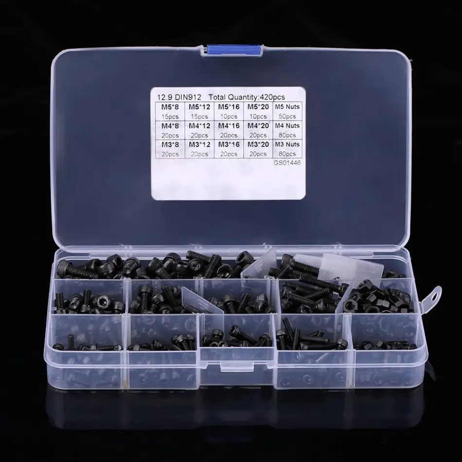 

Hot Hot 420pcs/set M3/M4/M5 Carbon Steel Hex Socket Head Cap Screws and Nuts Assrotment Set Fastener Hardware