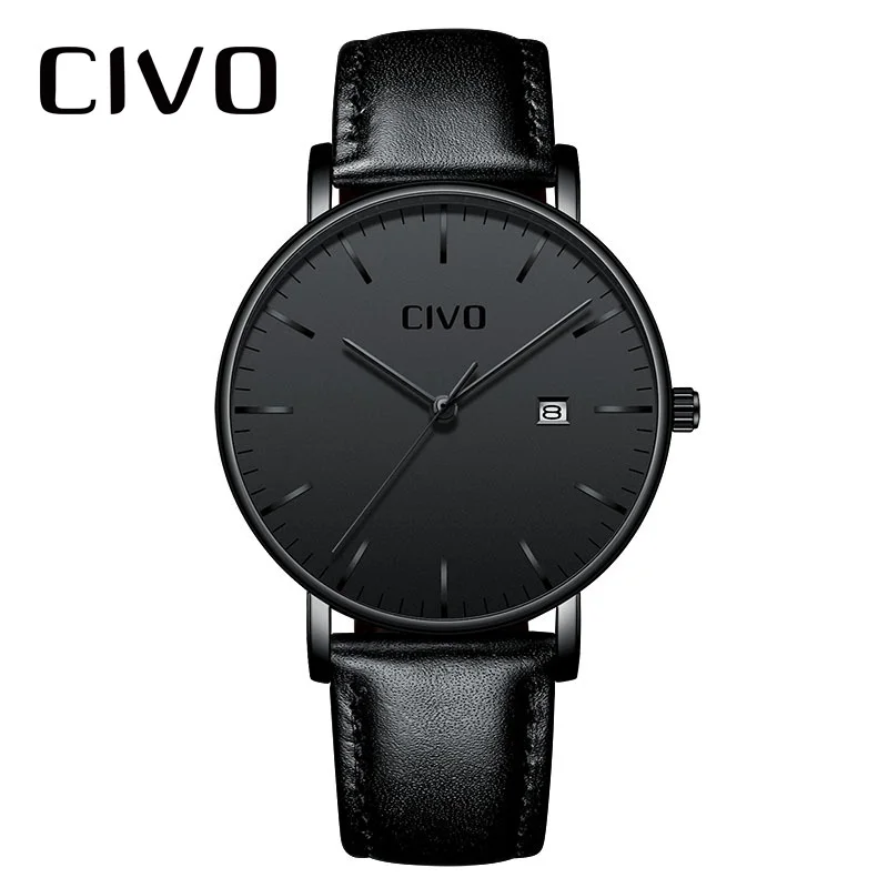 

Fashion Mens Watches CIVO Ultra Thin Minimalist Waterproof Date Quartz Wrist Watch For Men Black Genuine Leather Watch Clock