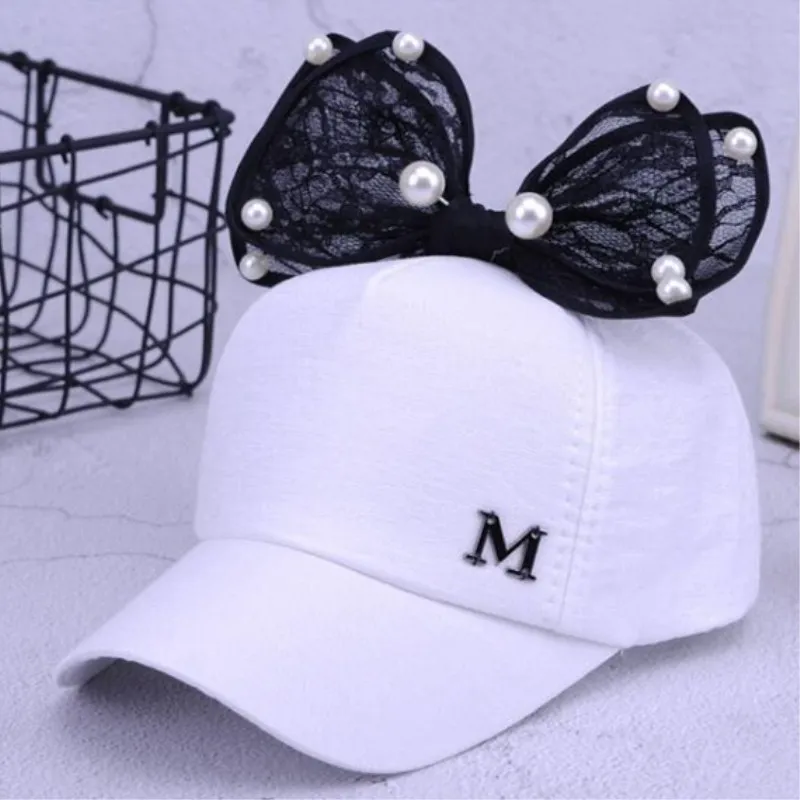 

summer children Mesh cap Spring Summer Children Baseball Cap Girls Snapback Hip Hop Caps Rabbit Ear Pearl Big Bow Kids Sun Hat