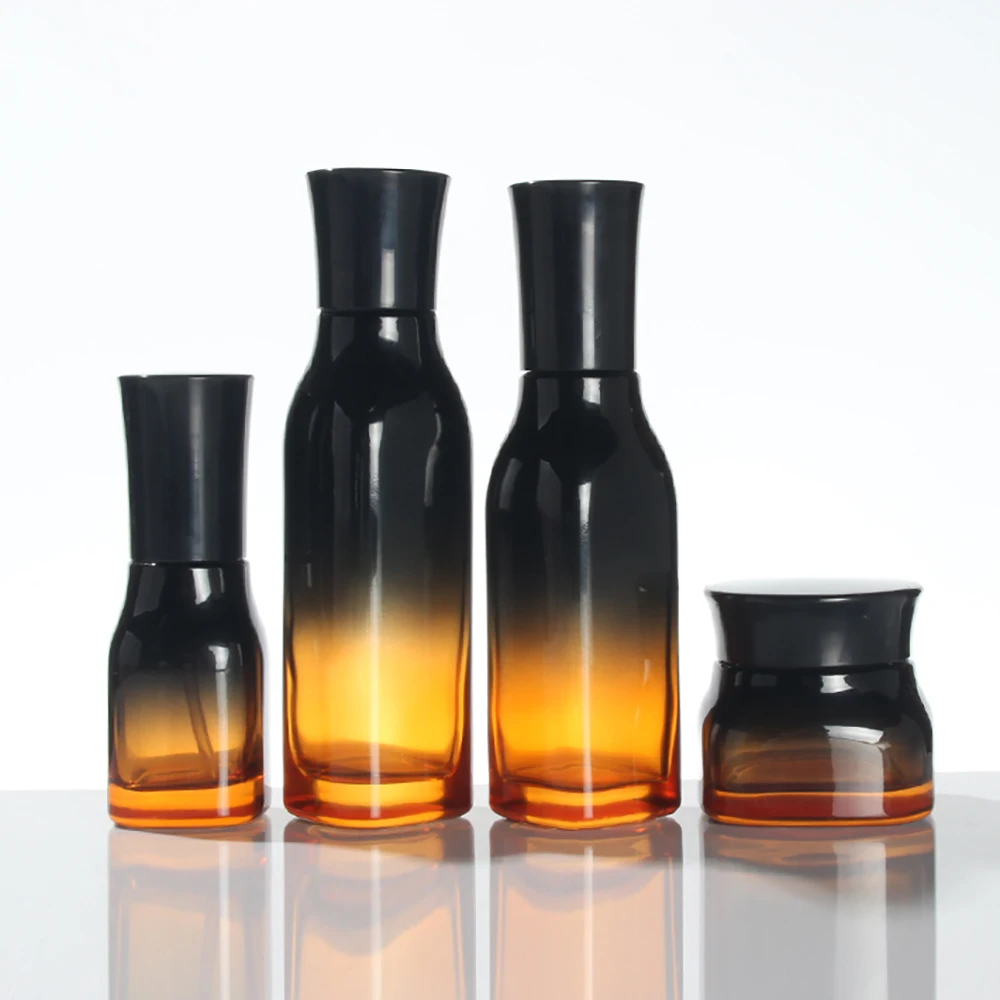 

100pcs square Gradient black and amber glass cream jar 50g, cosmetic container for face with black screw cap