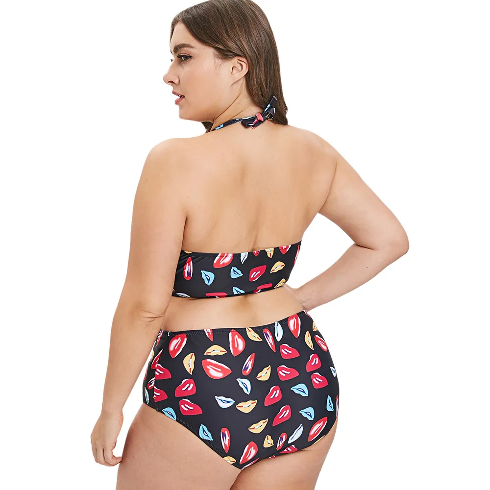 Wipalo Women Fashion Lip Print Plus Size Halter Neck Beach Set Two Pieces Ladies Swim Wear Casual 2019 Summer Bathing Suit|Спортивные