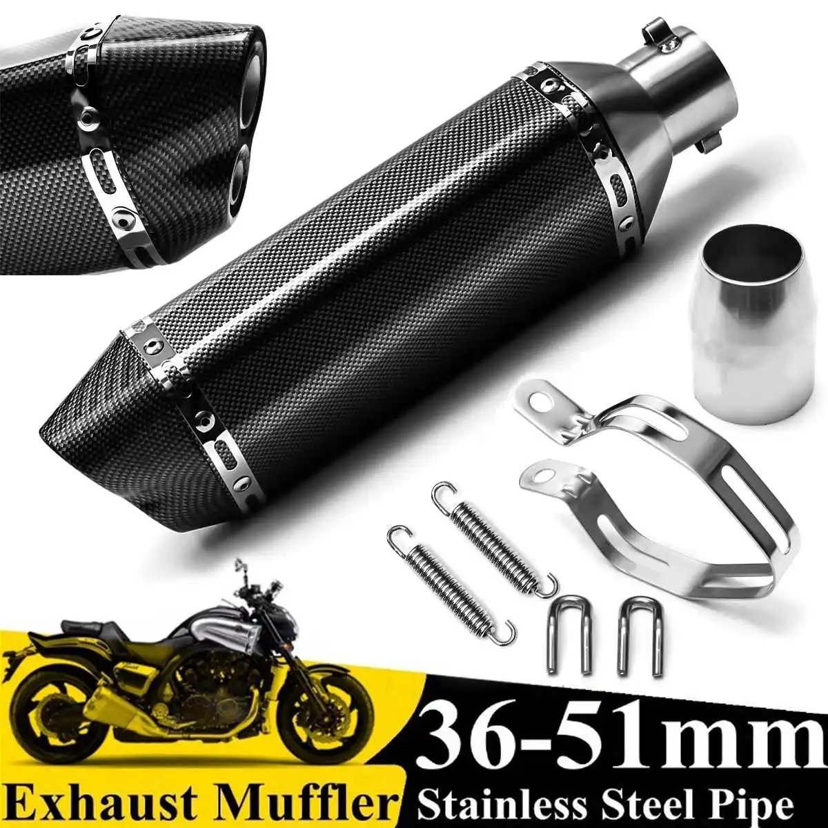 

38mm-51mm Carbon Motorbke Motorcycle Double Air Outlet Exhaust Stainless Steel ATV Scooter Muffler Pipe for Kawasaki for Yamaha
