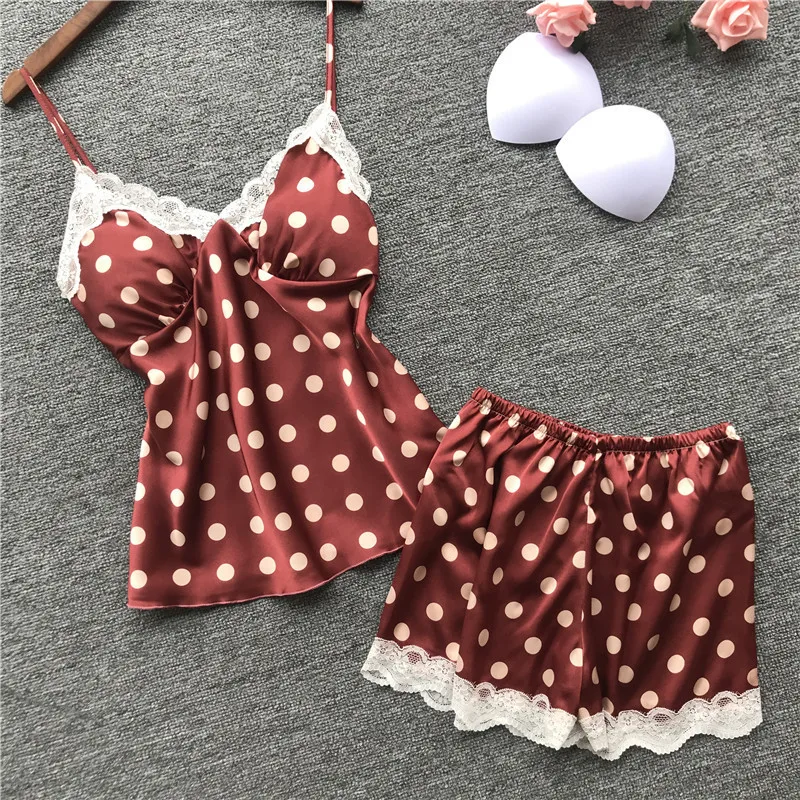 Printing Polka Dot Spaghetti Strap With Chest Pad Women Pajamas V-Neck Sexy Lace Female Lingerie