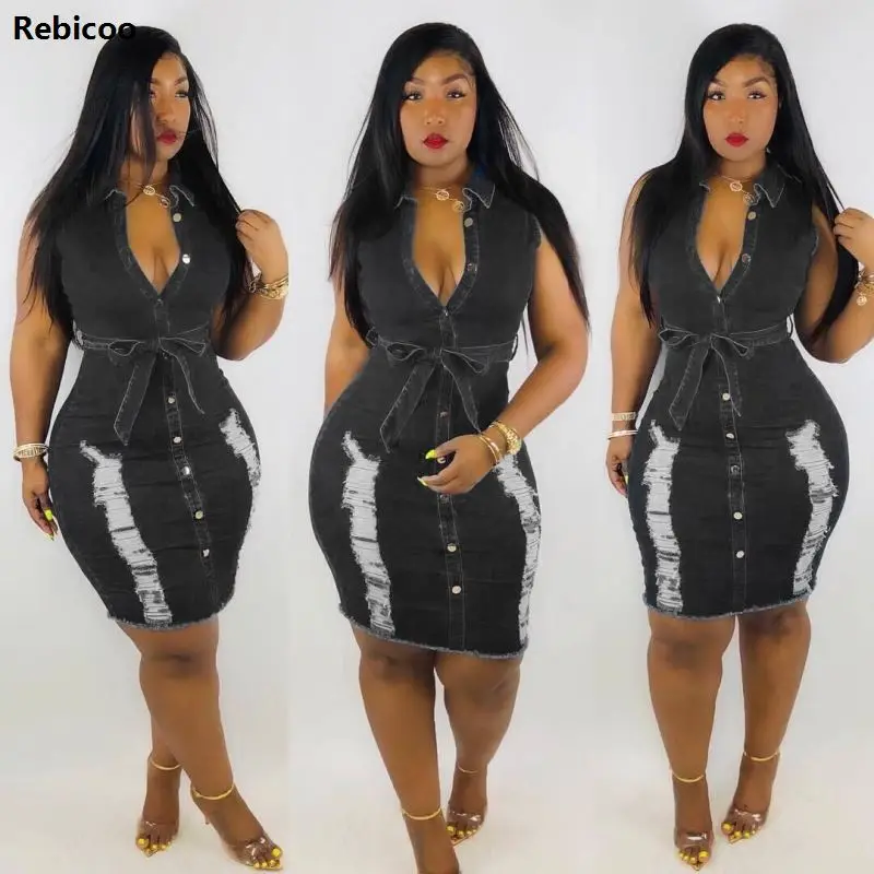 2019 new women sleeveless summer denim button up with sashes midi dress jean hollow out hole dresses vestidos L5055