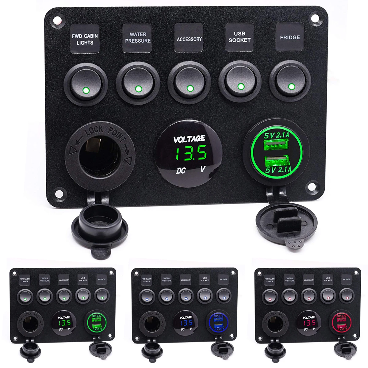  12-24V 5 Gang interruptor de encendido-apagado Panel Dual USB Socket cargador LED voltímetro 12V to