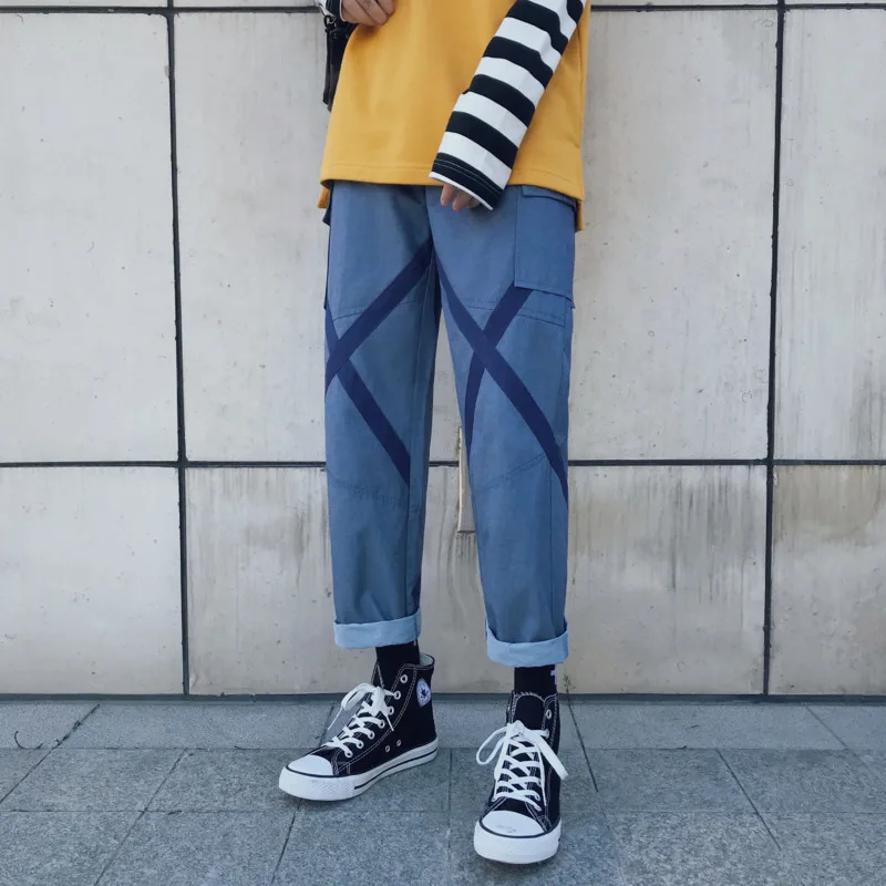 Men's Overalls 2019 Spring New Loose Straight Pocket Decorative Pants Personality Casual Pants Youth Men's Urban Style Trend