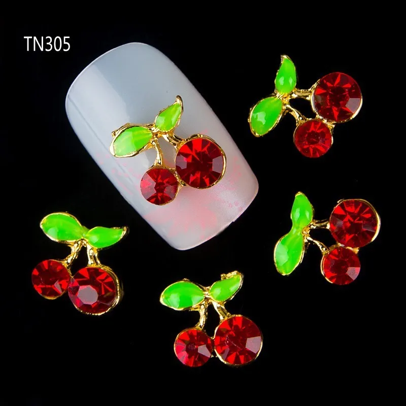 

Blueness 10pcs Red 3D Cherry Nails Rhinestones Design Nail Decorations Gel Sticker Cute Style Adhesive Manicure Styling Tools