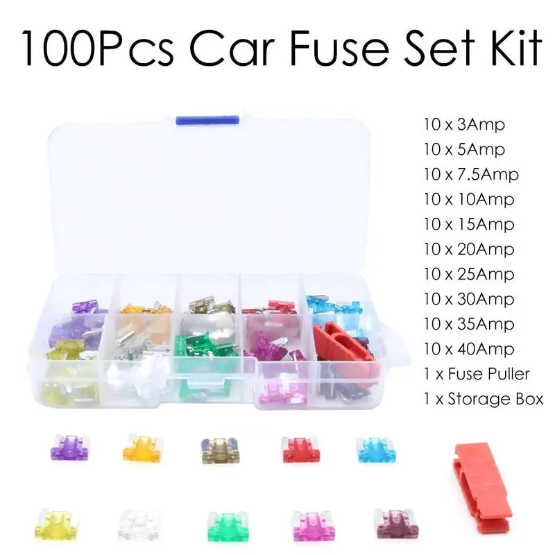 

100Pcs Assorted Car Truck Mini Low Profile Fuse Micro Blade Fuse Set Kit