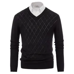 Модные Классические Трикотажные мужские топы теплый свитер с ромбовидным узором длинный рукав v-образный вырез smart casual пуловер, вязаный
