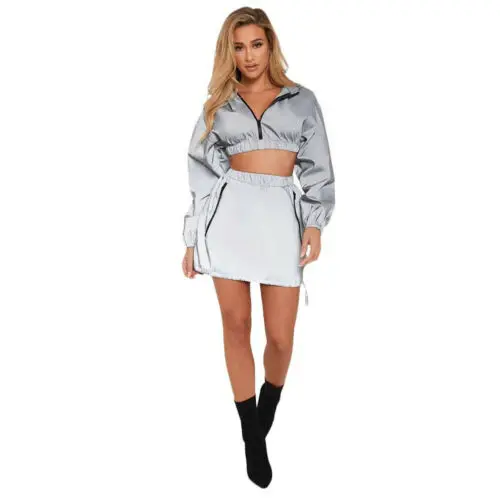 

2PCS Sexy Women Bodycon Reflective Zip Crop Top Skirt Set Clubwear Dress Party