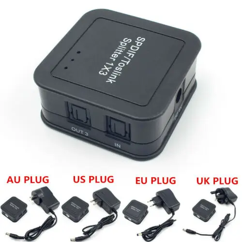 

New Digital Optical Audio Splitter SPDIF/Toslink 1 in to 3 Out Powered Amplifier