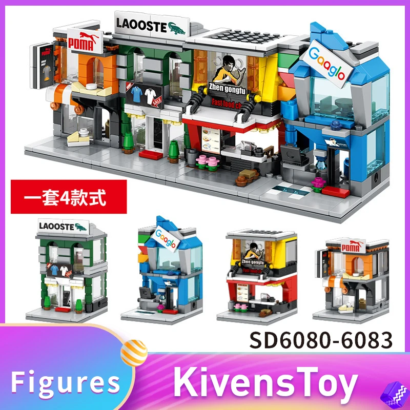 

IN STORE 4pcs/lot Street View Set Sembo SD6080 SD6083 Google Fast Food Building Blocks Bricks Toys Compatible with Lego City MOC