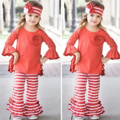 2019 Toddler Red Flower 2Pcs Kids Baby Girl Christmas Ruffle Dress Tops Flare Striped Pants Children Casual Outfits Clothes | Детская