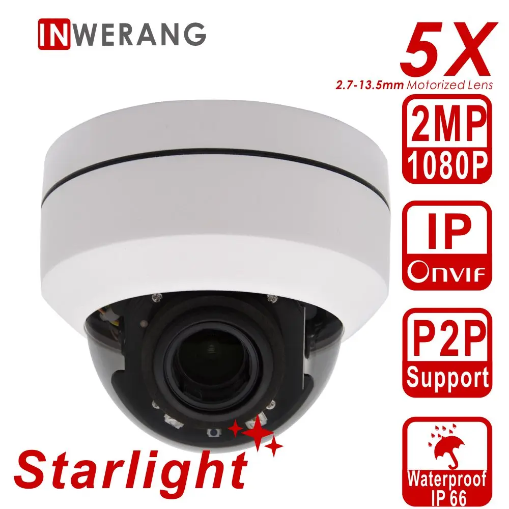 

Inwerang Starlight Sensing 2MP Security PTZ IP Camera, 2.7-13.5mm MF Lens Outdoor Waterproof IP66, H.265 1080P HD CCTV Camera