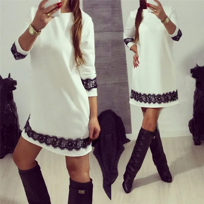 

Autumn Winter Fashion New Women Lace Dress Casual O-Neck Long Sleeve Tunic Dresses Party mini Dress Casual Femme Mujer VEstidos