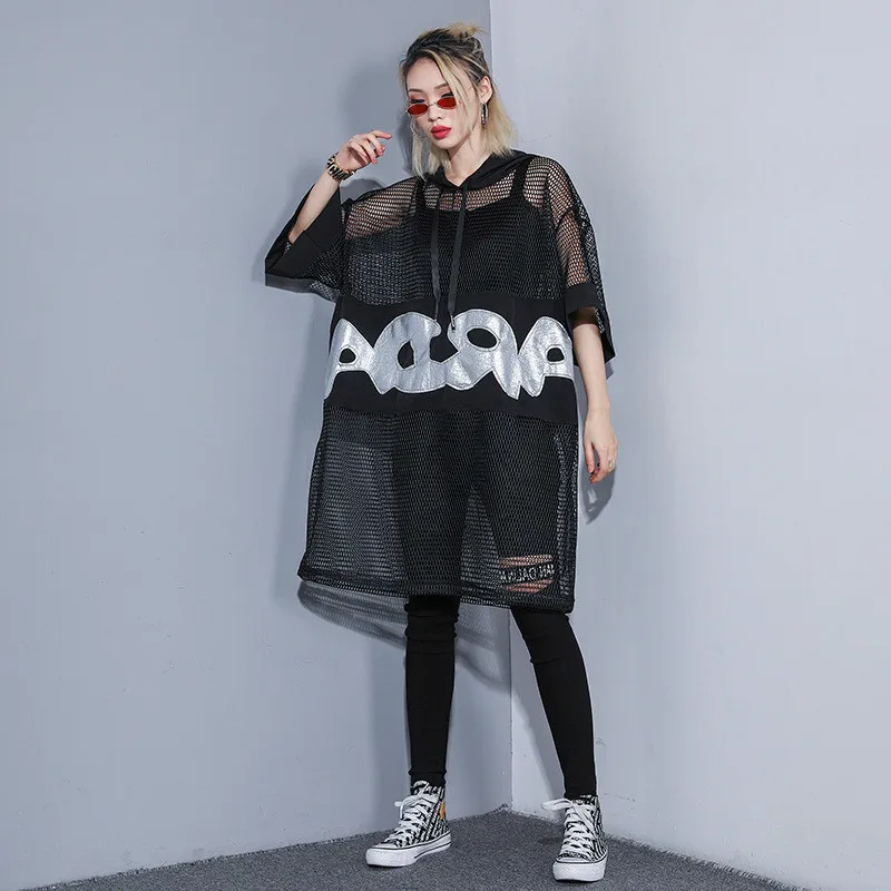 

Aiweier Woman Sexy Dress 2019 Summer Dresses Shirt Mesh Voile Hooded Loose Short-sleeved Letter Stickers Hollow Out Street Dress