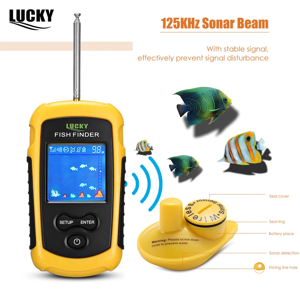 محظوظ FFW1108-1 100 M 125 KHz اللاسلكية الصيد سونار صياد السمك جهاز استشعار إنذار محول LCD تسليط الضوء الصمام السونار صياد السمك
