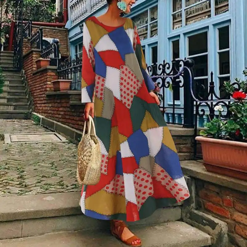 

ZANZEA 2019 Women's Bohemian Dress Summer Long Sleeve Dot Printed Maxi Long Vestido Female Floral Beach Sundress Kaftan Femme