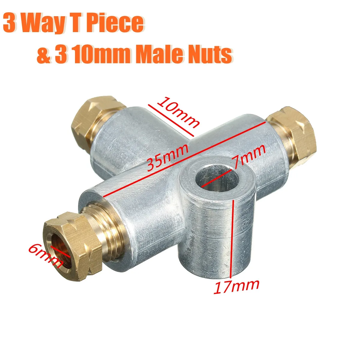 3 x M10 Male Nuts Short Metric Copper Pipe 10mm 3 Way T Piece Brake Tee 