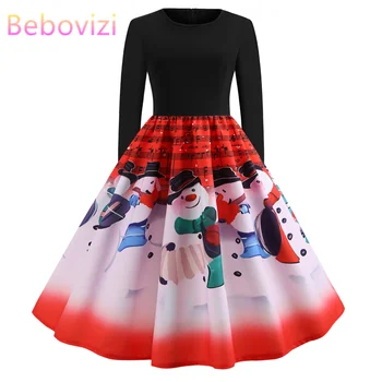 

Winter Christmas Dresses Women 50S 60S Vintage Robe Swing Pinup Elegant Party Dress Long Sleeve Casual Plus Size Print Black
