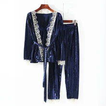 Новое поступление, женские бархатные кружевные пижамные наборы из 3 предметов, женские мягкие костюмы-кардиган+ тонкая кофточка+ длинные штаны, спальные наборы