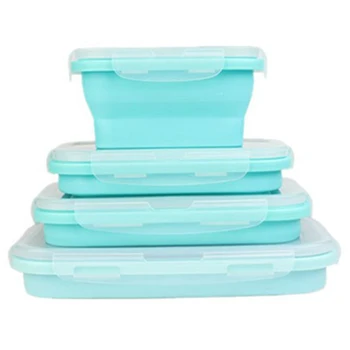 

Hot Sale 4 Piece Set Blue Food Grade Silicone Lunch Box Folding Eco-Friendly Food Container Bento Box Collapsible Portable Mic