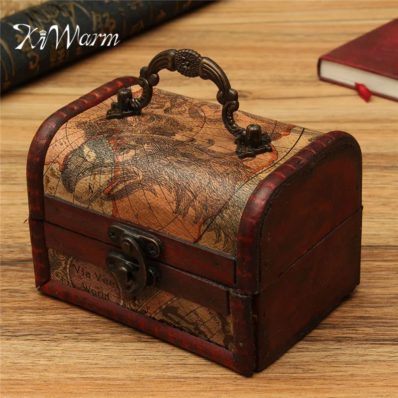 

KiWarm Mini Portable Vintage Maps Gracious Metal Lock Wooden Jewelry Treasure Box Handmade Storage Holder Organizer Case Gift