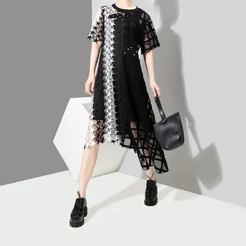 

[EWQ]2020 Summer New Style Round Collar Short Sleeve Star Lattice Asymmetrical Patchwork Pullvoers Dress Women Fashon Tide AD231