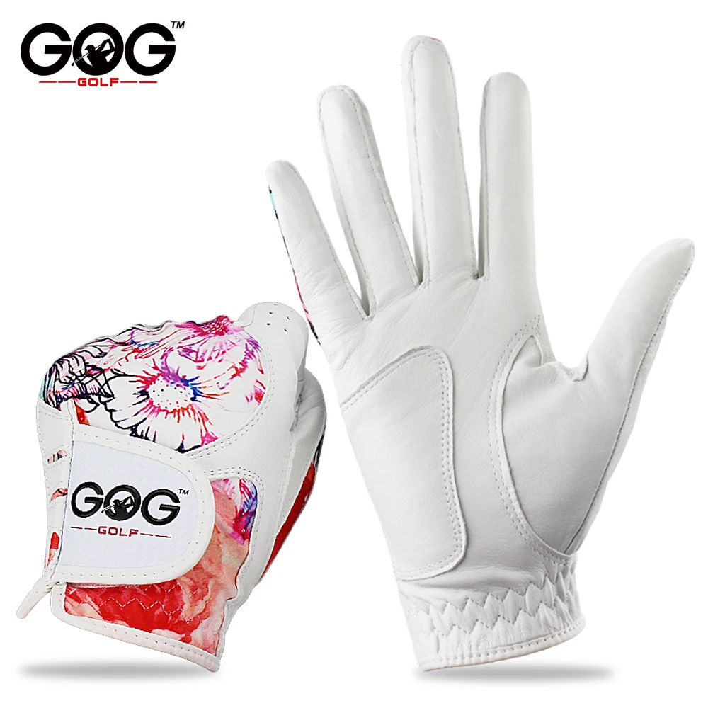 

1 Pair GOG Golf Gloves Genuine Leather & Color Pattern Lycra left hand + right hand soft sports new gloves for woman lady girls