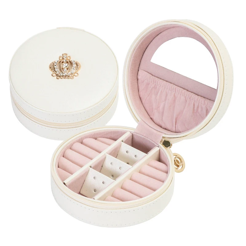 

Crown Jewelry Box Organizer Travel Portable Leather Ring Bracelet Earring Display Storage Round Box Case With Mirror