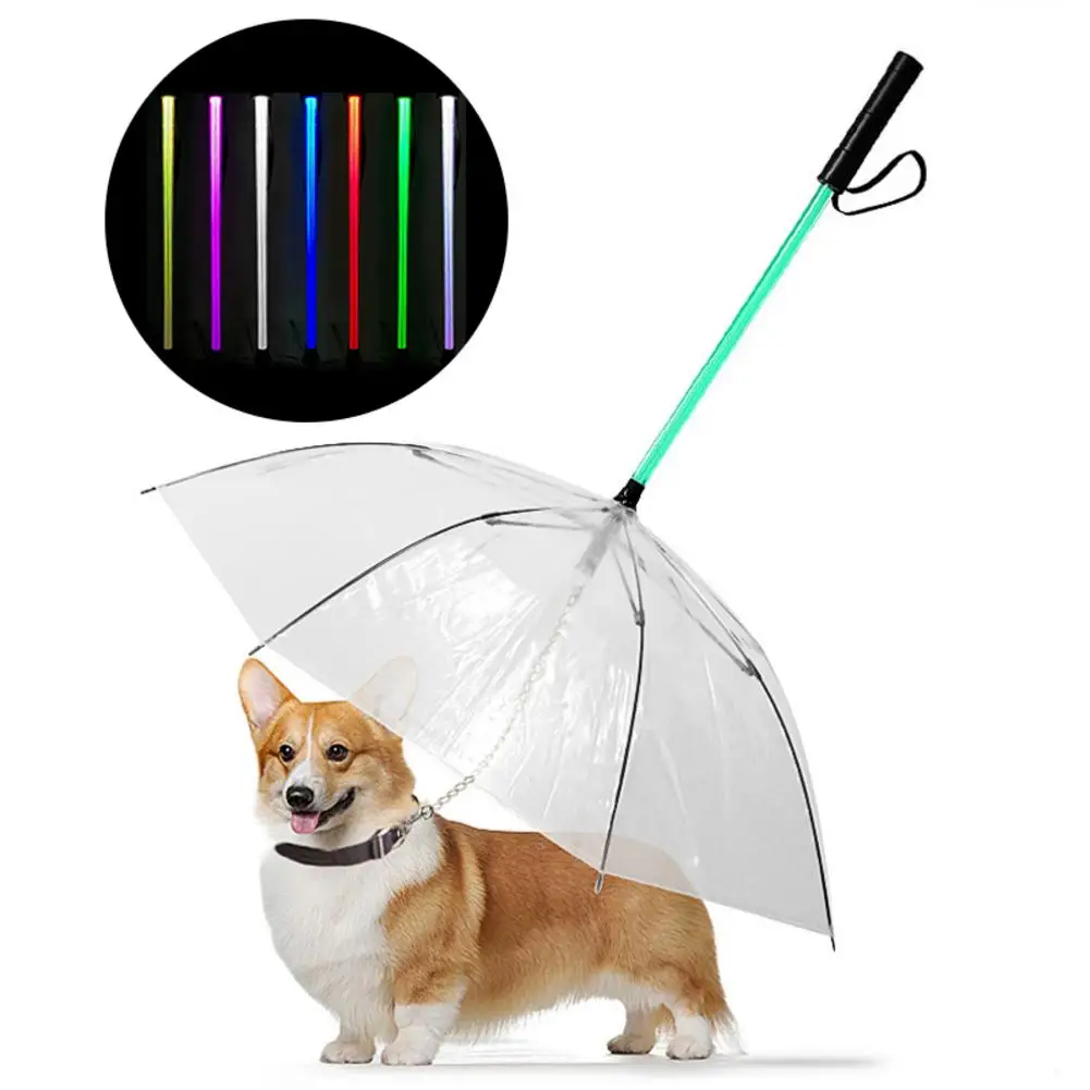 

Umbrella Transparent Pet Dog Umbrella LED 7 Changeable Color Glowing Umbrella Traction Rope For Small Medium Sized Dog