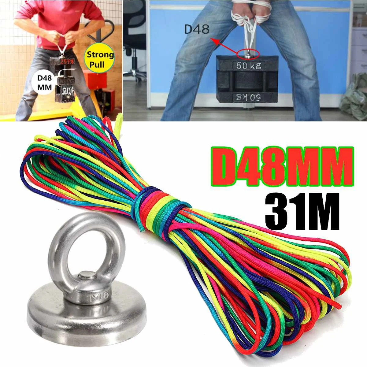 

52KG Fishing Steel Ring Eyebolt Neodymium Recovery Magnet + 31M Paracord Rope Hardware Tools Holding Fixture Salvage Magnet