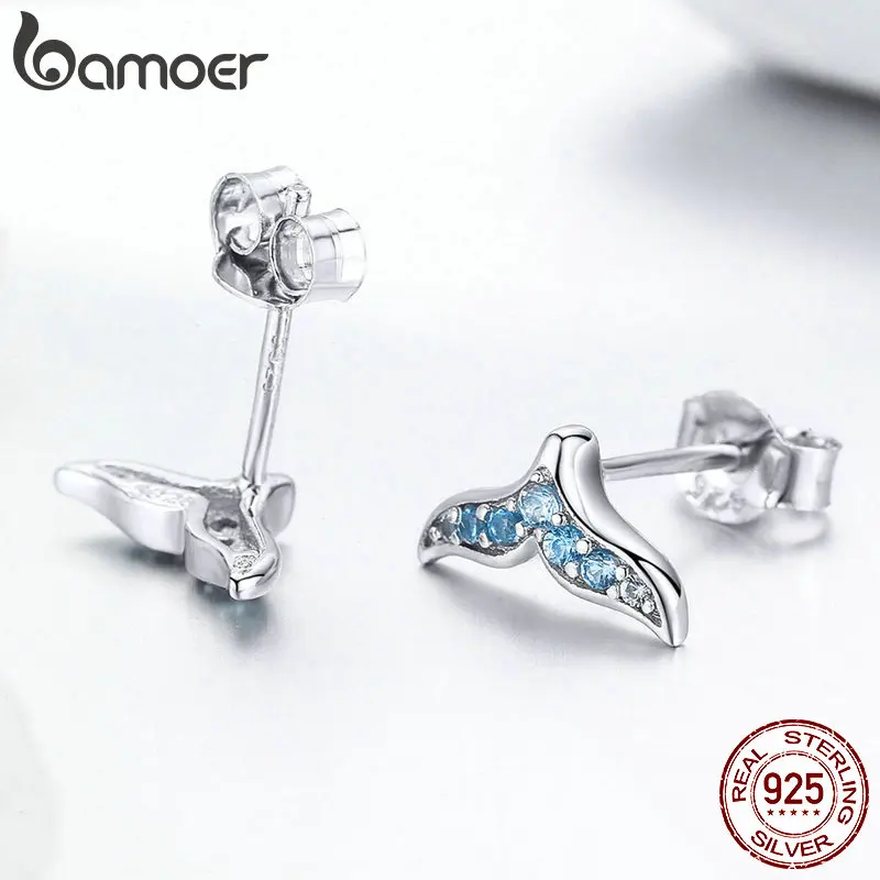 Женские маленькие серьги гвоздики BAMOER из 100% серебра 925 пробы с синим цирконием в