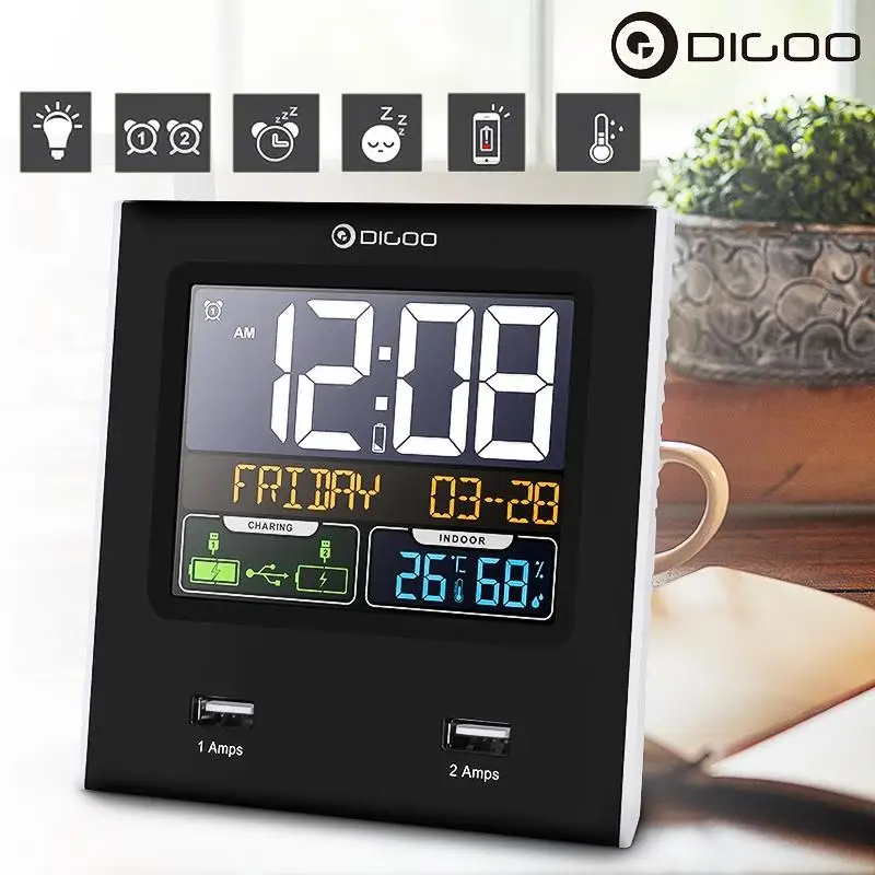 

Digoo Digital Thermometer Hygrometer Meter with Time Calendar Alarm Clock Humidity Indoor Forecast Sensor LED Backlit with 2 USB