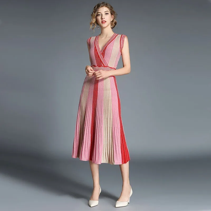 

new arrival 2019 Summer Women Pink Color Striped Knitted Dress Sexy Sleeveless V Neck Flare Pleated Long Dress