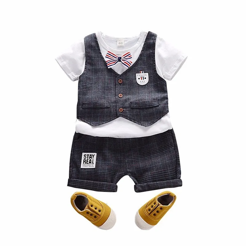 

Summer Children Boy Clothes 2019 Sets Kids Lattice Bow Tie Short Sleeves T-Shirt Shorts 2pcs Toddler Suits Shorts Child Clothing
