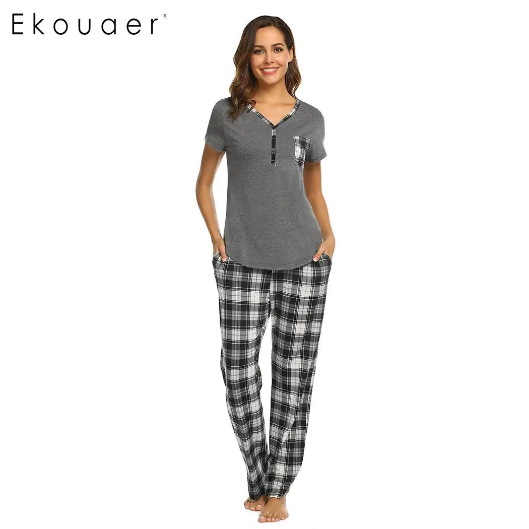 Ekouaer Two Piece Pajamas Sets Women Sleepwear V Neck Short Sleeve Tops ...