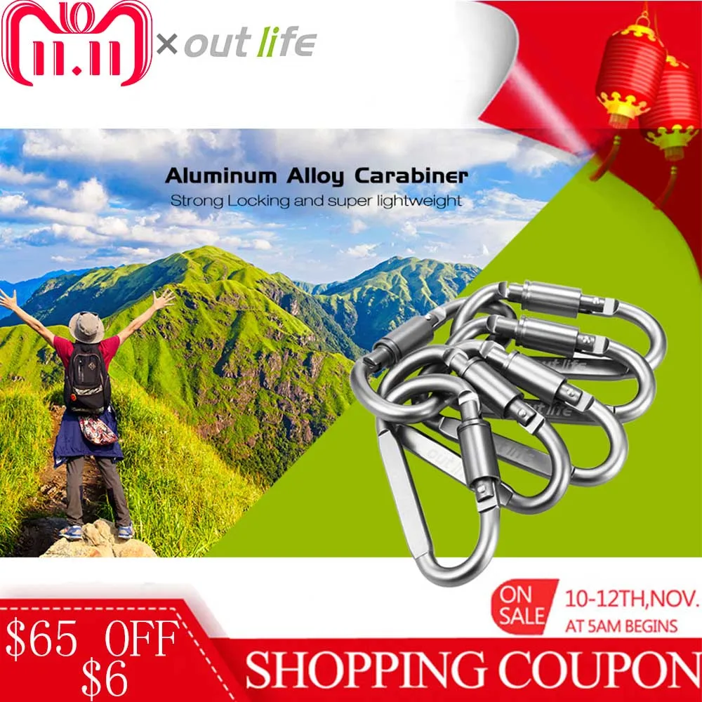 6pcs Outlife Aluminum Alloy D Shape Keychain Carabiner Self Screw Hook Clip Survial Key Chain Climbing Outdoor Tools | Спорт и