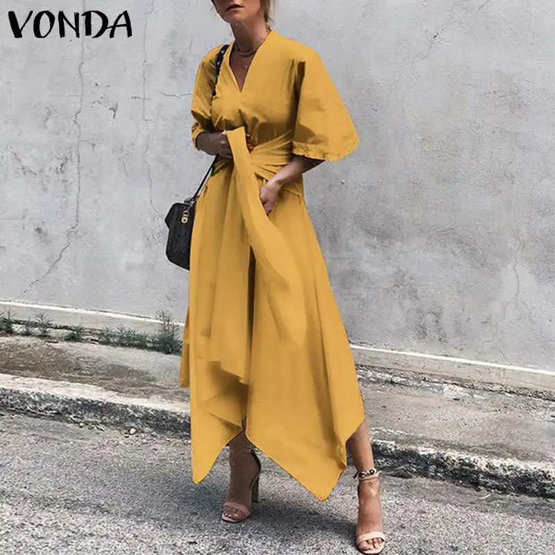 

VONDA 2019 Fashion Dress Summer Long Maxi Dress Women Short Sleeve Sexy V Neck Asymmetrical High Waist Vintage Party Vestidos