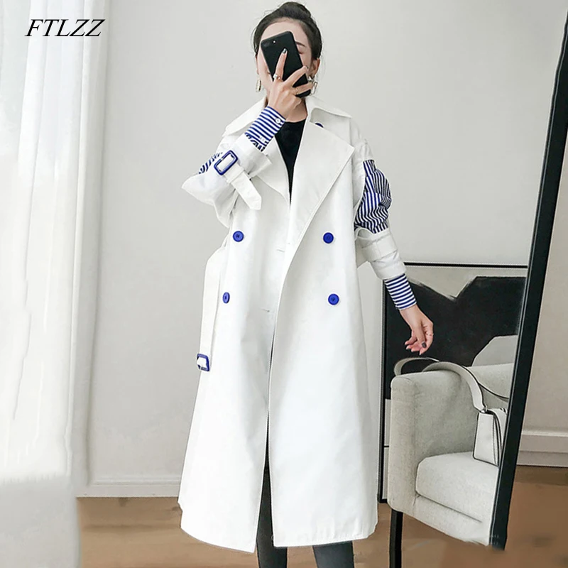 

FTLZZ 2019 Patchwork Striped Trench Coat For Women Windbreaker Lapel Slim Spring Autumn Windbreakers Korean Fashion Clothes