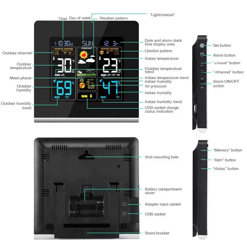 Беспроводная метеостанция, погодные часы, гигрометр Крытый Открытый термометр, метеостанция с Hd дисплеем Scre