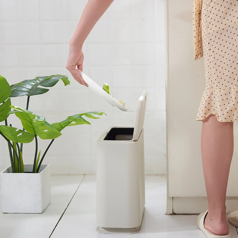 

Trash Can Creative Fashion Pressing Cover Type Kitchen Waste Bin Sitting Room Toilet Trash Office Paper Basket-White
