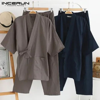 

INCERUN Mens Kimono Pajamas Suits Robe Gown 2Pcs/Set Lounge Bathrobe Male Sleepwear Loose Cotton Japan Style Traditional Pajamas